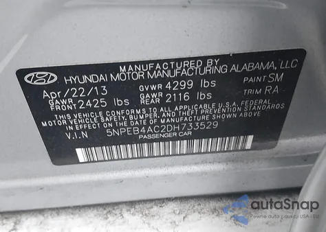 2013 Hyundai Sonata Gls z USA, uszkodzony, nr VIN 5NPEB4AC2DH733529